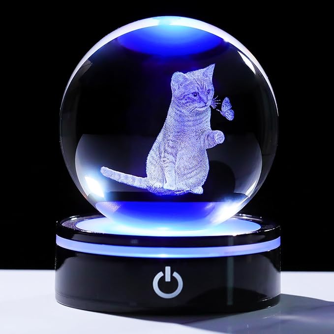 YWHL 3D Crystal Ball Cat Gifts for Women Cat Lover for Christmas Birthday, Laser Cat and Butterfly Figurine with LED Base, Cat Ornament Glass Decorative Ball Globe Night Light for Home Decor (80mm)-VerdiqueGarden