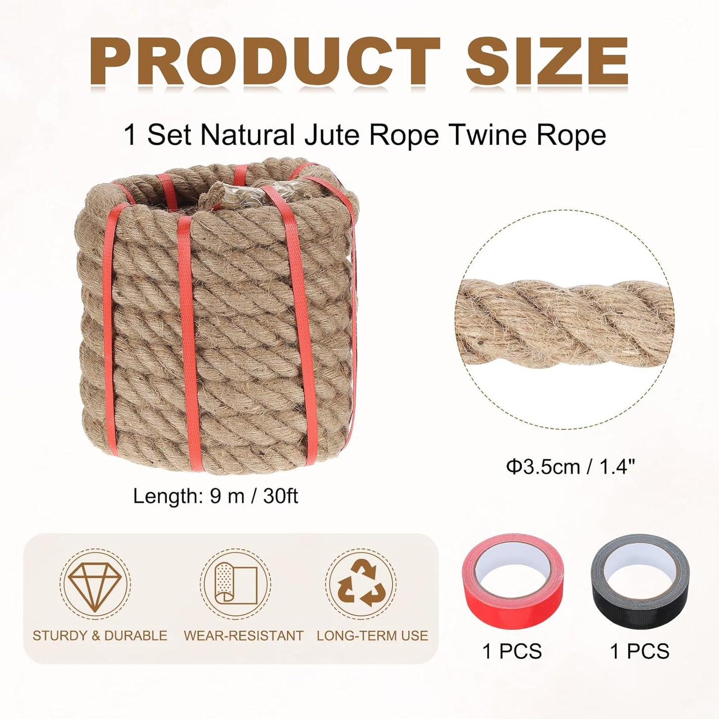 MECCANIXITY Jute Rope 1.4 Inch x 30ft, Thick Twine Rope Ropes Braided Jute Twine Natural Brown Burlap Cord String Heavy Twisted with Tapes for Decorative Crafts Railing Swing Tug of War-VerdiqueGarden