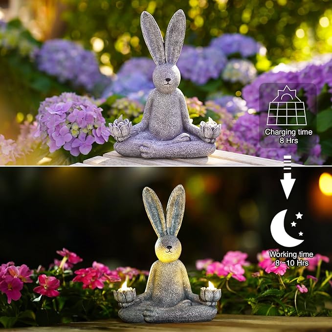 Goodeco Zen Rabbit Statue with Solar Lotus - Garden Yoga Bunny with LED Solar Lotus Lights, Sitting Meditating Buddha Rabbit Serene Resin Figurine for Patio Yard Lawn Ornaments, Home or Outside-VerdiqueGarden