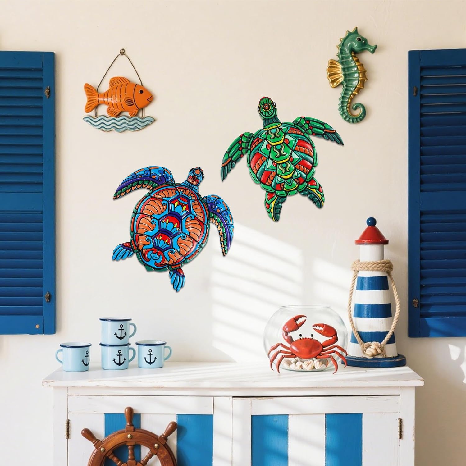 ULENDIS 2 PCS Metal Sea Turtle Wall Art Decor, Ocean Theme Outdoor Wall Decor, Nautical Hanging Decorations for Garden Pool Fence Patio Bathroom Indoor-VerdiqueGarden