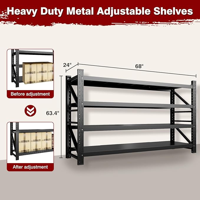 8000LBS Metal Steel Storage Shelves - 68" W Black 4 Tier Heavy Duty Rack Commercial Industrial Shelving with Adjustable Shelf for Basement Garage Warehouse - 68" W x 24" D x 63.4" H-VerdiqueGarden