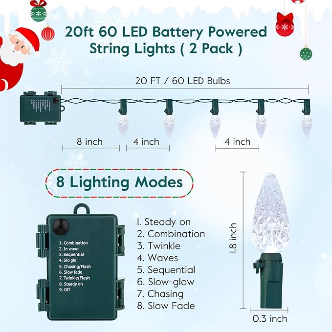 C6 LED Christmas String Lights, 20 ft 60 LED Battery Operated Faceted Strawberry Lights, Waterproof for House Roof Roofline Christmas Tree, White, 2 Pack-VerdiqueGarden