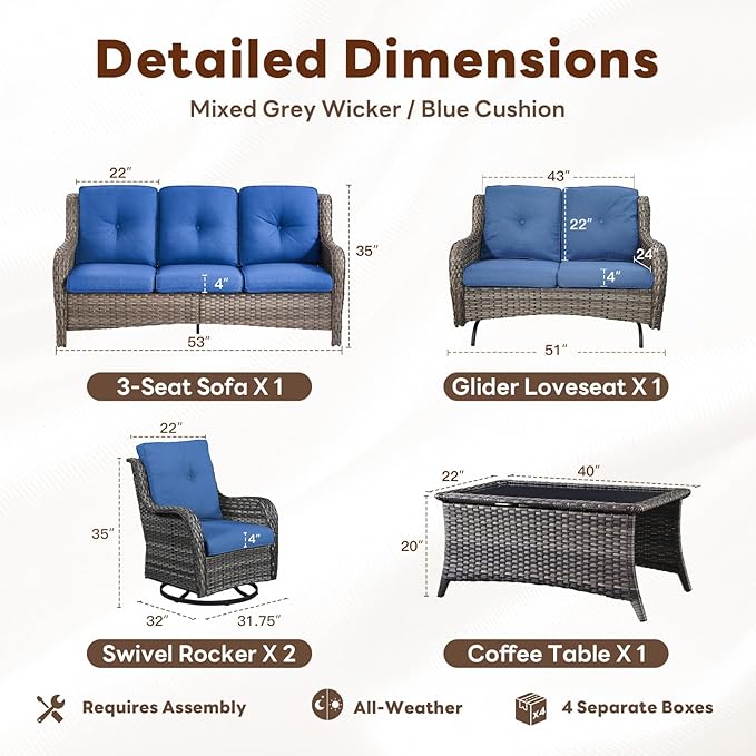 5 Piece Outdoor Patio Furniture Set - Outdoor Conversation Couch and Loveseat Glider Chair Furniture Set with Rattan Coffee Table for Deck Balcony Poolside Gray Wicker/Blue Cushions-VerdiqueGarden