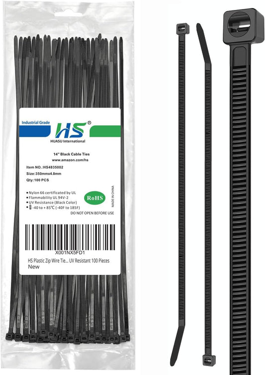 HS 14 Inch Plastic Wire Zip Ties UV Resistant for Fencing Camping Outdoor Purpose 100pcs,50 LBS Strength Heavy Duty Long Cable Tie Wraps 14" Black-VerdiqueGarden