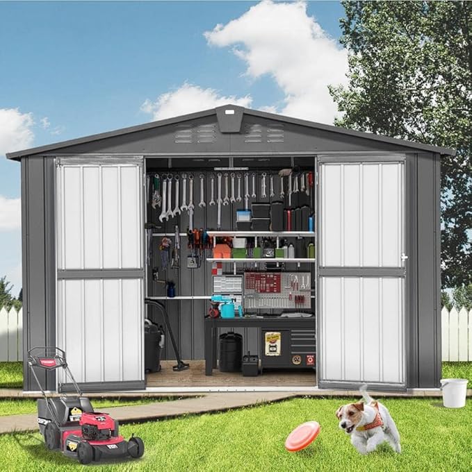 Domi Outdoor Storage Shed 10' x 8’, Metal Garden Shed with Galvanized Steel Frame for Bike, Tools, Lawn Mowers, Pool Toys, Outdoor Storage Cabinet with Lockable Door for Garden Lawn Patio (Dark Grey)-VerdiqueGarden