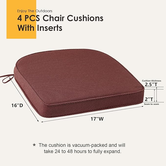 Outdoor Round Corner Seat Cushion, 17"x16"x2", Set of 4, Non Slip Seat Cushion Pads with Removable Cover for Patio Furniture, Garden Yard Lawn, Tan Dotted Red Base-VerdiqueGarden