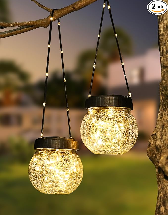 Solar Lantern Solar Lights Outdoor Waterproof 2-Pack, Solar Powered Hanging Lights Cracked Glass Hanging Globes for Christmas Decoration, Shepherd Hook, Garden Tree Ornaments-VerdiqueGarden