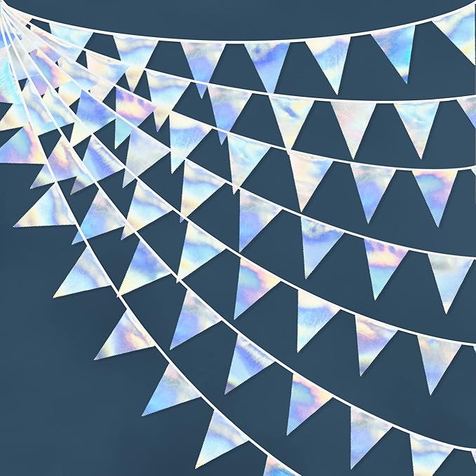 33Ft Iridescent Party Decoration Holographic Fabric Triangle Pennant Banner Flag Cotton Bunting Garland for Birthday Wedding Bridal Shower Bachelorette Engagement Disco Euphoria Galaxy Party Supplies-VerdiqueGarden