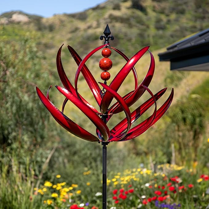 Yard Garden Wind Spinners - Large Outdoor Metal Wind Spinners Sculptures, Lawn Yard Art Garden Decor (Burgundy Lotus)-VerdiqueGarden