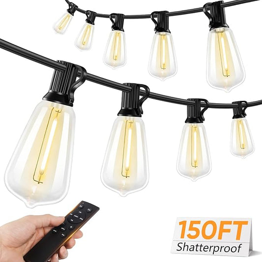 Brightever LED Outdoor String Lights, 150FT Dimmable Patio Lights with Remote Control, 45+2 Shatterproof ST38 Edison Bulbs, 3 Lighting Modes, 3H/5H Timer, Outdoor Hanging Light for Holiday, Party-VerdiqueGarden