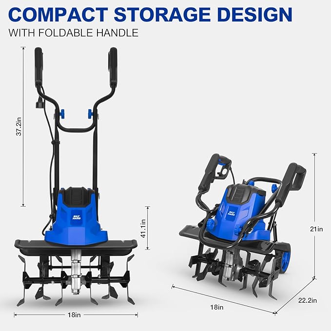 BILT HARD 14-Amp 18-Inch Electric Tiller Cultivator, 8'' Tilling Depth Corded Garden Rototiller, 6 Steel Front Tines Roto Tillers with Adjustable Wheels & Foldable Handle for Garden Lawn Soil Digging-VerdiqueGarden