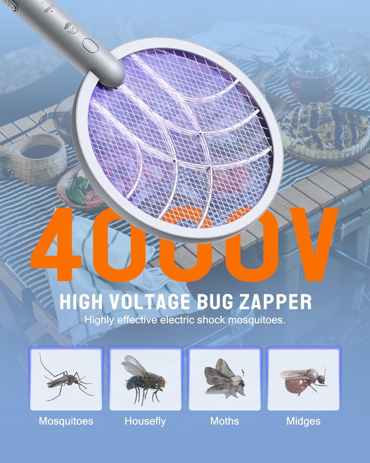 Electric Fly Swatter Racket, Mosiller 2 in 1 Bug Zapper with Type-C Rechargeable Base, 4000V Mosquito Killer with 3-Layer Safety Mesh for Pest Insect Control for Indoor、Office、Camping(Grey-1 Pack)-VerdiqueGarden