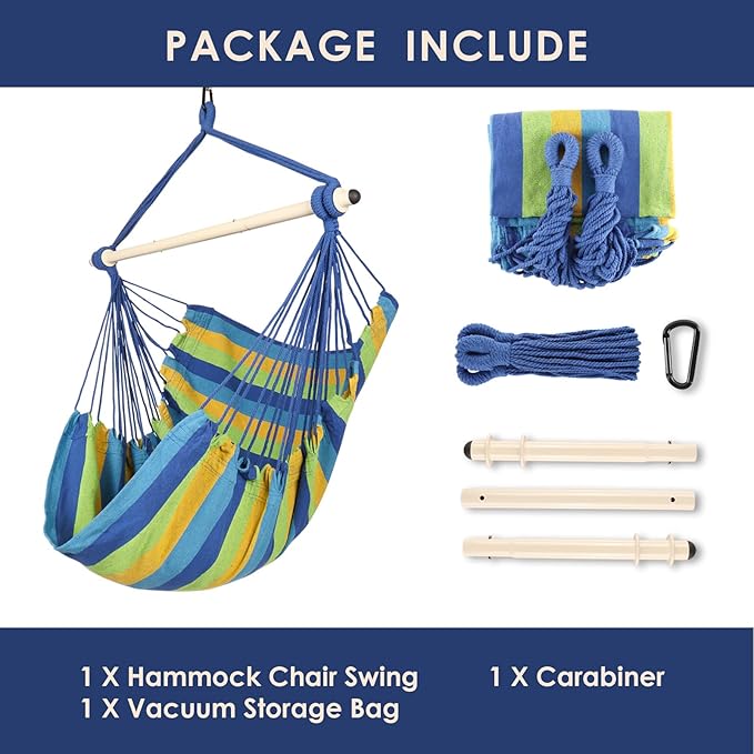 Highwild Hammock Chair Hanging Rope Swing - Max 500 Lbs - Steel Spreader Bar with Anti-Slip Rings - for Any Indoor or Outdoor Spaces (Blue Striped)-VerdiqueGarden