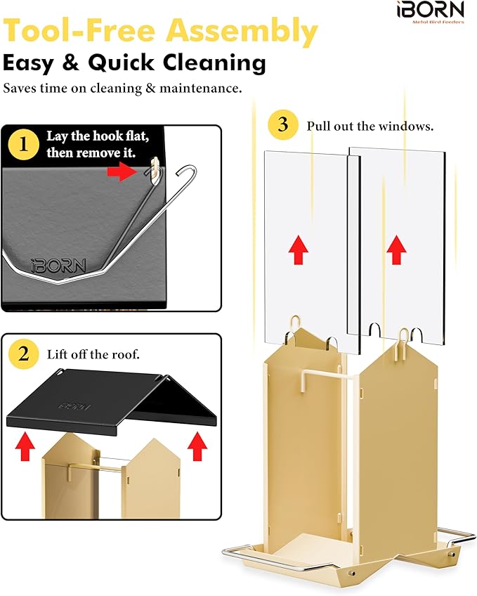 iBorn Bird Feeders for Outdoors,Bird House Feeder with Weatherproof Metal Roof & 8 Drain Holes,Fully Detachable Birdfeeder Design,Easy Clean & Refill,Chew-Proof PC Windows,1.5 Lbs Capacity,Black Roof-VerdiqueGarden