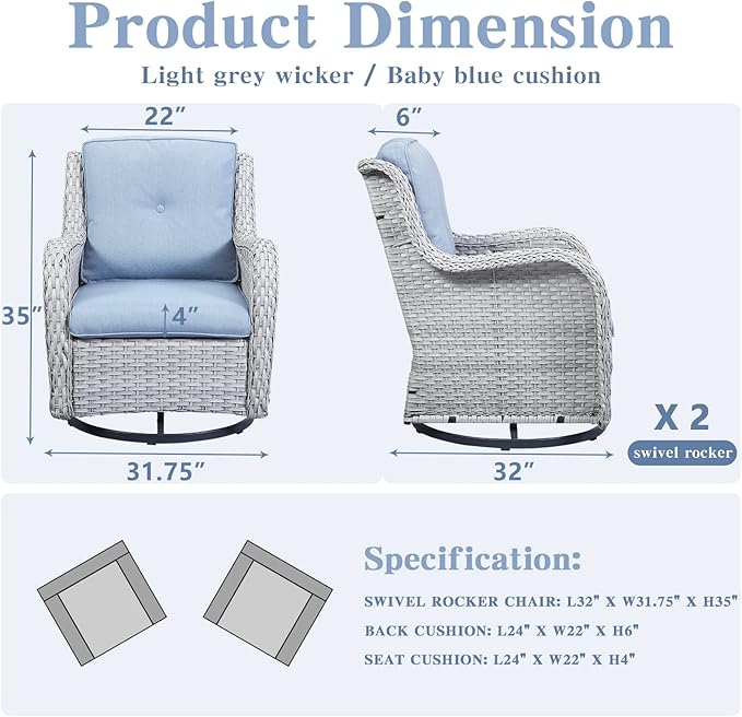Outdoor Swivel Rcoker Patio Chairs - Outdoor Swivel Patio Chairs Set of 2 Wicker Chair Patio Furniture Sets with Covered Cushion for Porch Deck Balcony Garden, Baby Blue-VerdiqueGarden