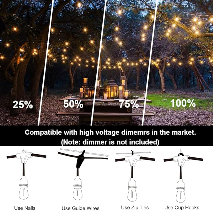 Outdoor String Lights LED 100FT Commercial Grade Heavy Duty Light String Lights with 30 Sockets 32 Shatterproof Plastic Bulbs Include 2 Spare S14 Dimmable Edison Bulbs Patio Market Cafe Light-VerdiqueGarden