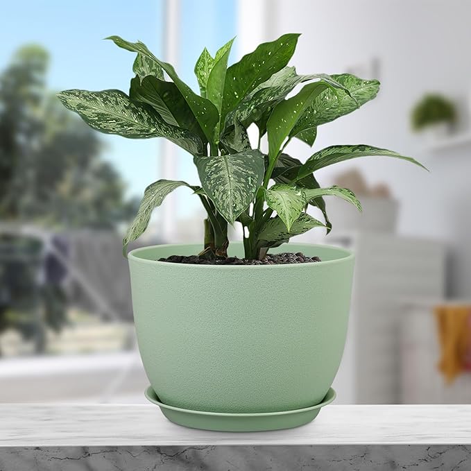 12 inch Big Plant Pots, Plastic Planters with Drainage Holes and Trays, Flower Pots for Indoor Outdoor Plants, Modern Decorative Pots for Garden House Plants, Green-VerdiqueGarden