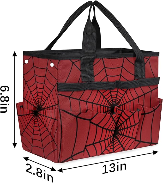Spiders Web Red Gardening Tool Bag,Heavy Duty Garden Tote Bag,Portable Oxford Gardening Storage Basket Organizer Handbag with Pockets Handle,Hand Tools Gifts for Outdoor Garden Lawn-VerdiqueGarden
