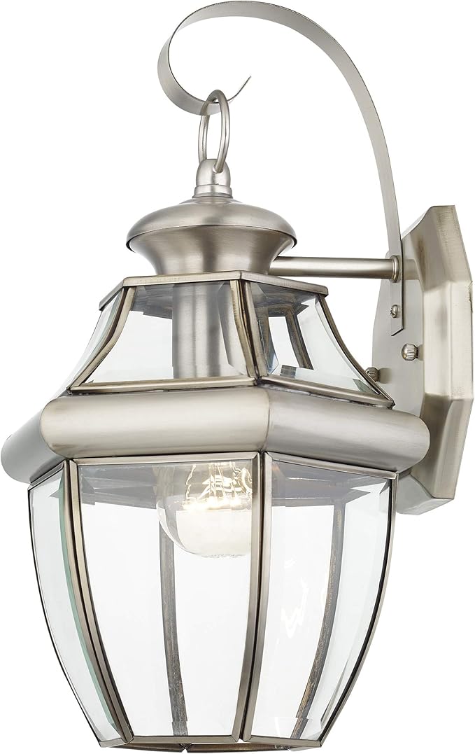 Livex Lighting 2151-91 Monterey 1 Light Outdoor Brushed Nickel Finish Solid Brass Wall Lantern with Clear Beveled Glass 13" x 8.5" x 8.25"-VerdiqueGarden