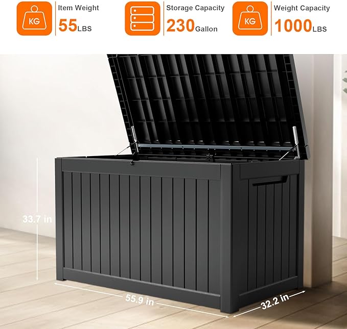 XXL 230 Gallon Large Resin Deck Box, Outdoor Lockable Storage Box for Patio Cushions Storage Furniture, Pool Supplies, Garden Tools, Weatherproof and UV Resistant- Black (230 Gallon)-VerdiqueGarden