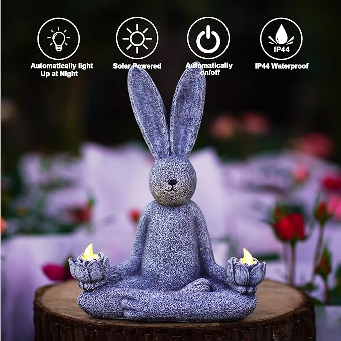 Goodeco Zen Rabbit Statue with Solar Lotus - Garden Yoga Bunny with LED Solar Lotus Lights, Sitting Meditating Buddha Rabbit Serene Resin Figurine for Patio Yard Lawn Ornaments, Home or Outside-VerdiqueGarden