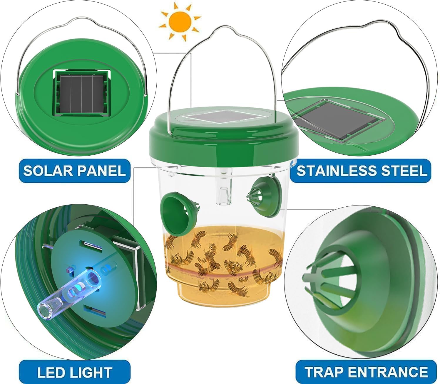 Wasp Traps for Hunting Wasps, Bees, Hornets, Insects, Yellow Jacket Traps, Wasp Trap Catcher, Reusable Solar Powered Hanging for Outdoor, 4 Packs-VerdiqueGarden