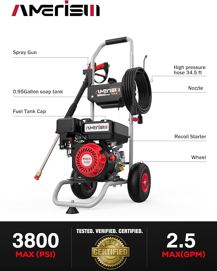 Gas Pressure Washer 3800 PSI and 2.5 GPM, 212CC, with Onboard Soap Tank, 10" Wheel, 5 Nozzle Set, for Cars/Fences/Homes/Patios/Furniture-VerdiqueGarden