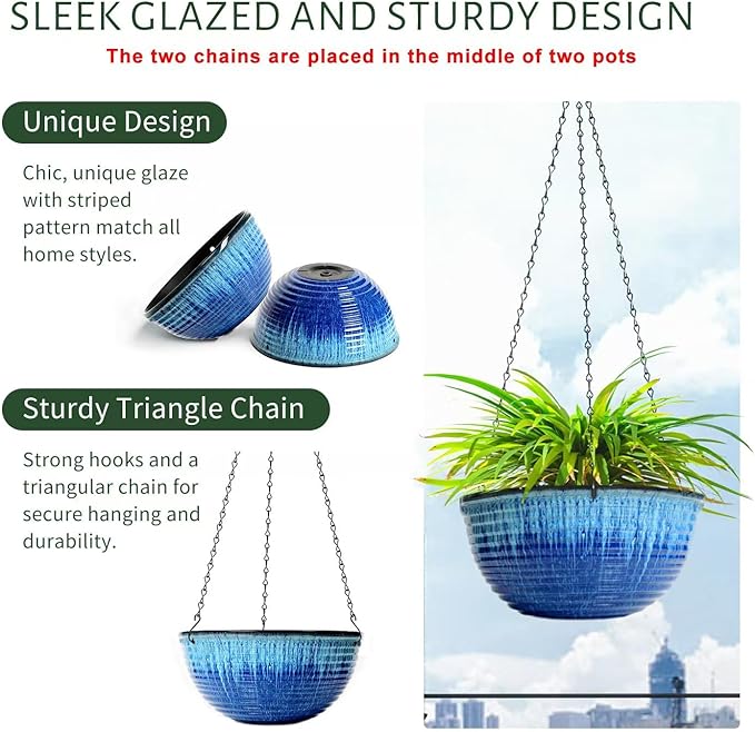 10in Hanging Planters for Indoor and Outdoor Plants, 2 Pack Hanging Planter with Drainage Hole, Round Hanging Flower Pots for Garden Home Decor (Blue Glaze)-VerdiqueGarden