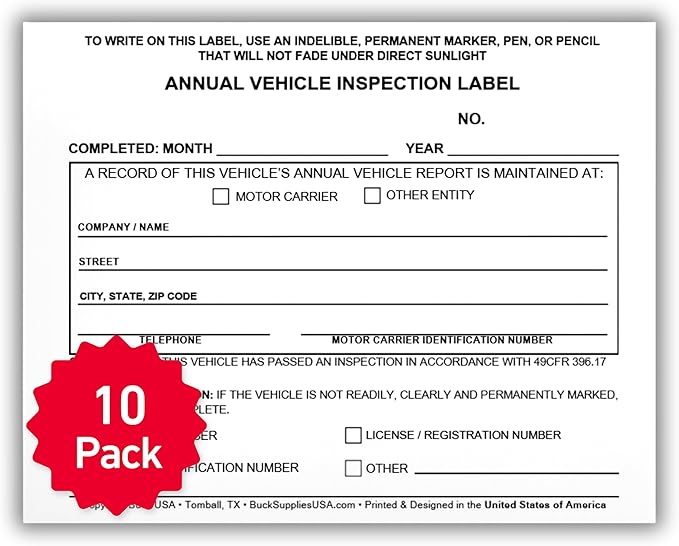 10 Pack Buck Annual Vehicle Inspection Label, 2-Ply Adhesive Vinyl with Mylar Laminate, FMCSA & DOT Compliant, Weatherproof, Tear Resistant, Easy to Write On, 5" x 4" - Made in USA-VerdiqueGarden