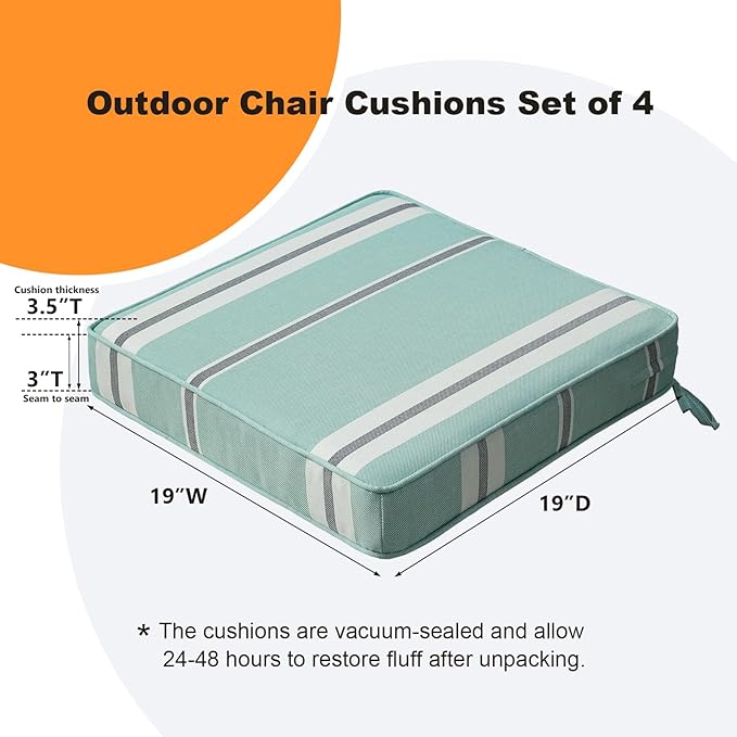 Square Corner Seat Cushions, 19" x 19" x 3", Set of 4, Indoor Outdoor Water Repellent Universal Chair Pads with Ties for Patio Furniture, Garden Deck Dining Chairs, Aqua Stripe-VerdiqueGarden