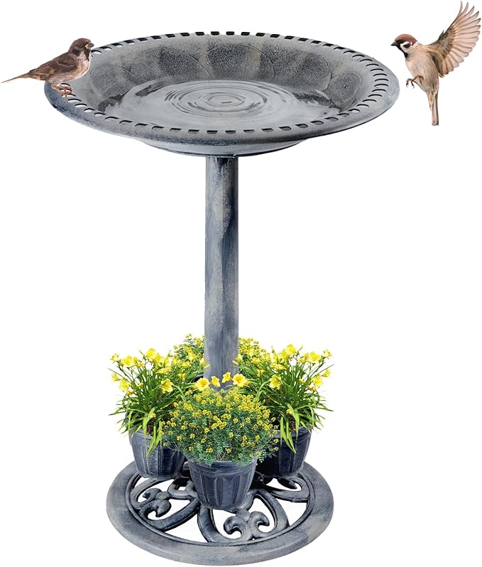 Bird Bath for Outside with 4 Removable Flower Planters 28in Polyresin Lightweight Vintage Birdbath for Outdoors Stake Standing Bowl and Water Feeder Yard Garden Decor Gray-VerdiqueGarden