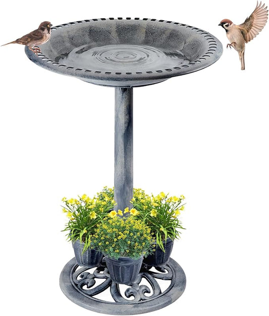 Bird Bath for Outside with 4 Removable Flower Planters 28in Polyresin Lightweight Vintage Birdbath for Outdoors Stake Standing Bowl and Water Feeder Yard Garden Decor Gray-VerdiqueGarden