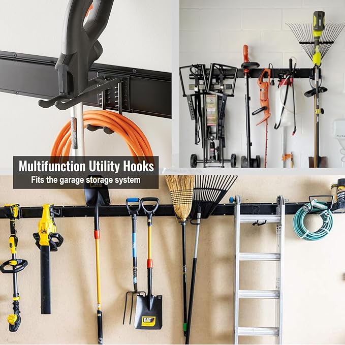 Wall Mount Tool Storage Rack, Heavy Duty Garage Storage Tool Organizer, Garden Tool Wall Hooks and Hangers, Hold Up to 350lbs Black-VerdiqueGarden