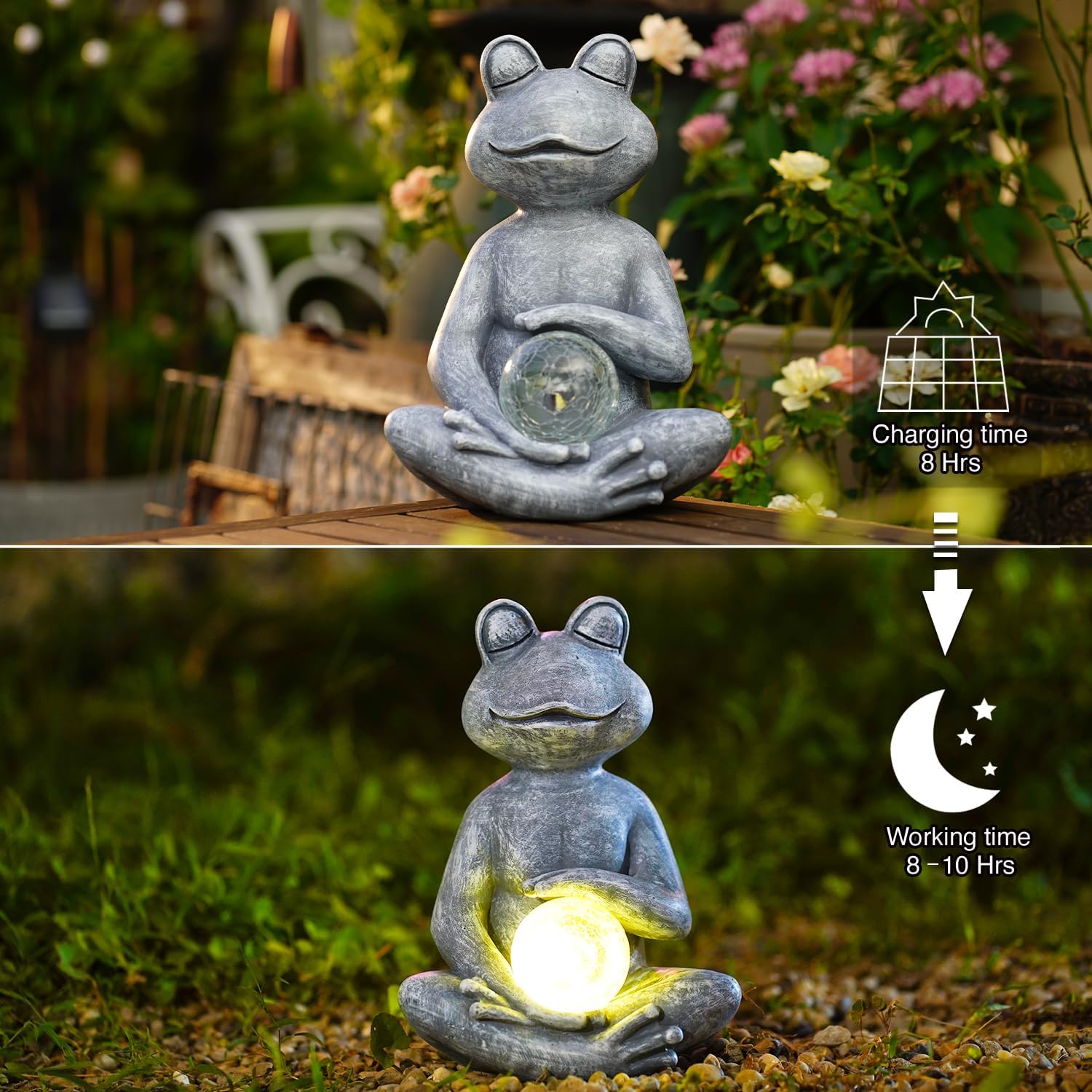 Goodeco Frog Statue with Solar Gazing Ball Lights - Zen Garden Statue for Outdoor Decor, Frog Gifts for Women & Moms, Housewarming Gifts-VerdiqueGarden