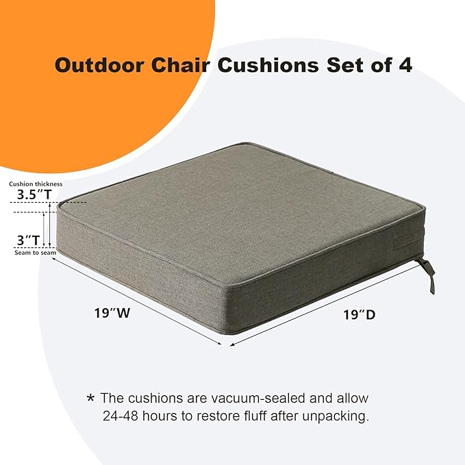 Sunbrella Square Corner Seat Cushions, 19" x 19" x 3", Set of 4, Indoor Outdoor Water Repellent Universal Chair Pads with Ties for Patio Furniture, Garden Dining Chairs, Cast Shale-VerdiqueGarden