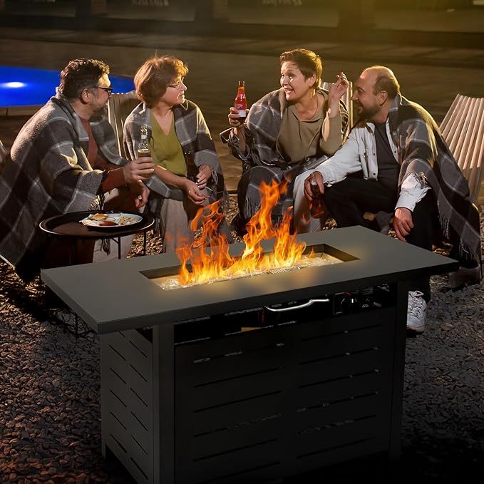 Hykolity 42 Inch Gas Fire Pit Table, 60,000 BTU Propane Pits for Outside with Steel Lid and Waterproof Cover, 2 in 1 Firepit Table Gatherings Parties on Patio Deck Garden Backyard, Black-VerdiqueGarden