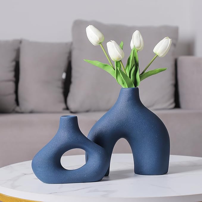 CEMABT Blue Ceramic Vase Set of 2 for Modern Minimalist Bohemian Decor，Round Matte Donut Vases for Pampas Grass-Perfect for Living Room, Dining Table, Office Bedroom Shelf Decor Entryway, Console-VerdiqueGarden