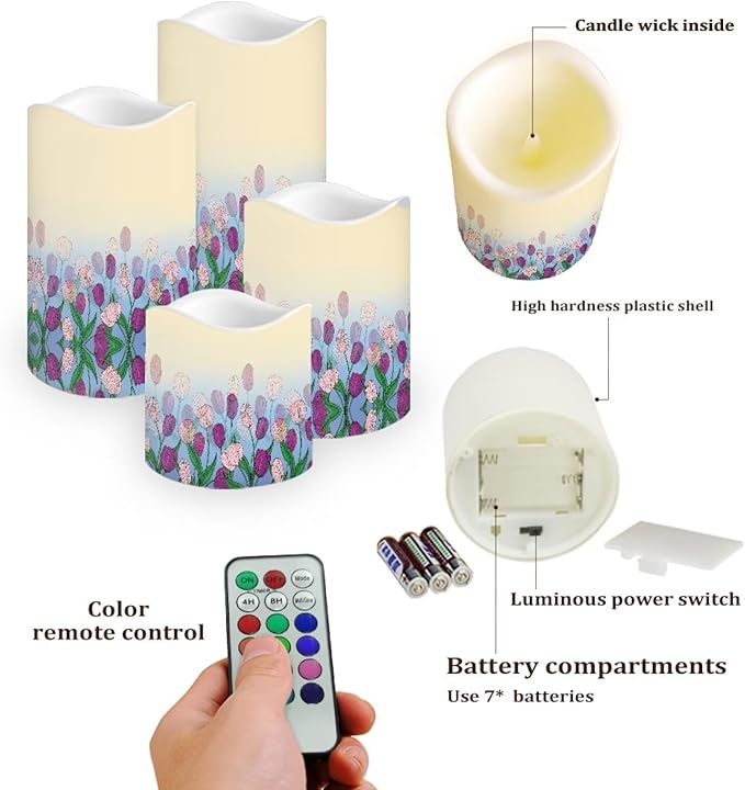 Ystardream Purple Tulips Flameless Candles with Timer Led Candles Flickering 4 Candle Sets for Home Decor,18 Key Remote Control，Dancing Flame, True Wax, Battery Power-VerdiqueGarden