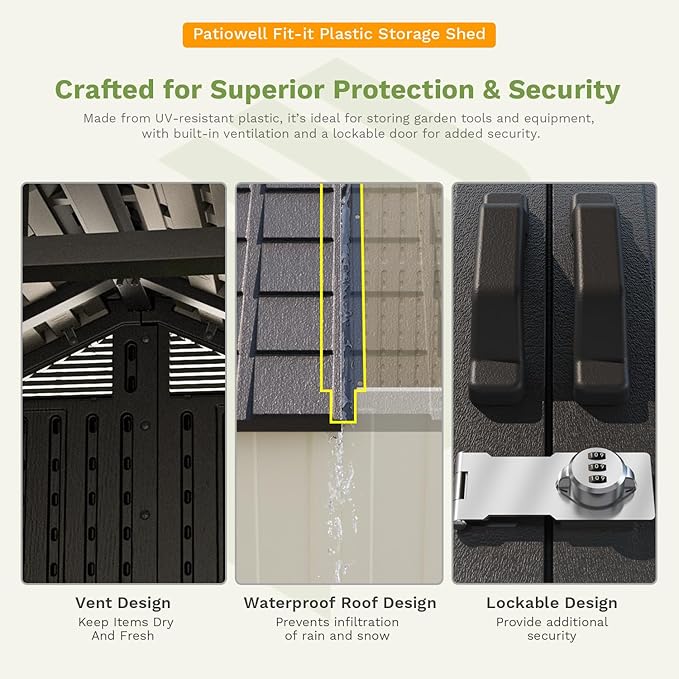 Patiowell 8 x 8 FT Resin Outdoor Storage Shed with Floor, Large Shed with Light and Lockable Door for Garden, Backyard, Tool Storage Use, Easy to Install in Beige (Kick-it Shed)-VerdiqueGarden