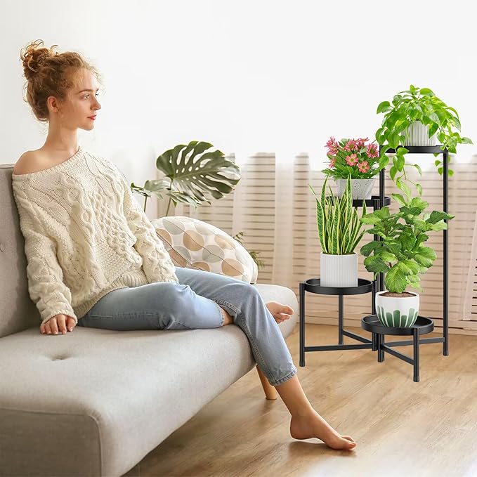 iDavosic.ly 4 Tier Large Plant Stand Indoor with 10 Inch Wide Tray, Tiered Corner Metal Outdoor Flower Display Holder Shelf, Folding Tall Rack for Patio Porch Living Room, Modern Black-VerdiqueGarden