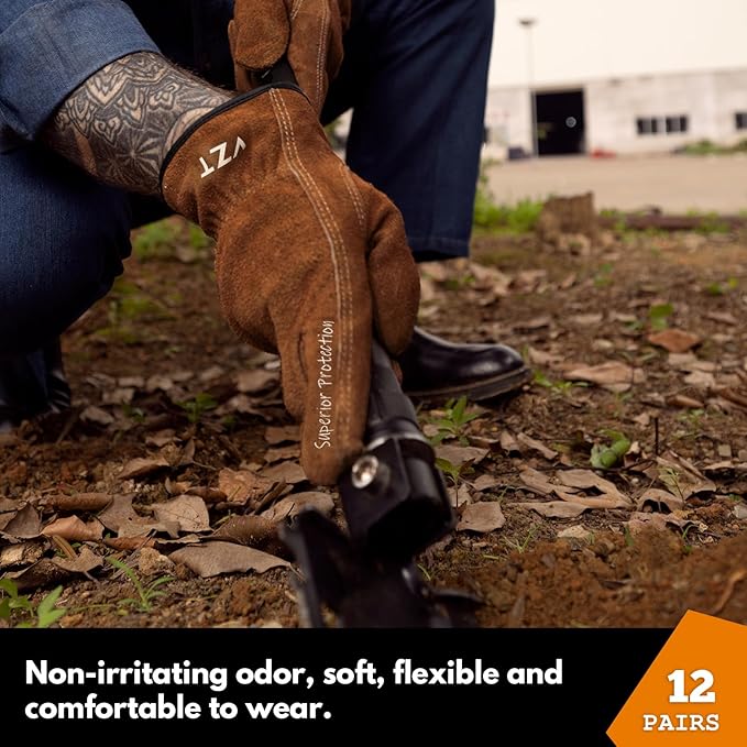 12 Pairs Bulk Leather Work Gloves for Men or Women for Gardening, Construction, Truck, Driving, Farm, Ranch, Woodworker, Soft, Cowhide Thickened, Water Resistant, Brown, Medium-VerdiqueGarden