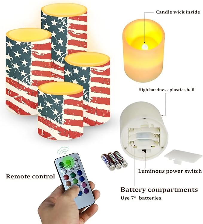 Flameless Electric Candles Decoration Lamp with Remote Timer Control Long Lasting for Fourth of July Party Decoration Home Indoor Outdoor Decor Pack of 4, American Flag Fashion-VerdiqueGarden