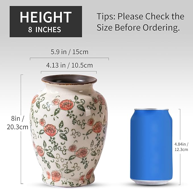 Green and Beige Vintage Round Vase, Red Rose Chinoiserie Floral Vase, Antique Decorative Ceramic Flower Vases for Bouquet, Home Decor, Living Room, Bookshelf, Office, Cottage Core Home Decor 8 Inch-VerdiqueGarden