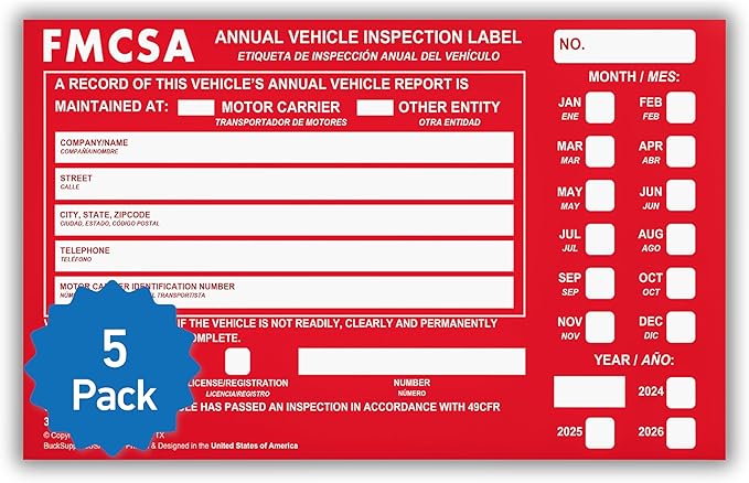 5 Pack Buck Aluminum Annual Vehicle Inspection Label with Punch Boxes, 2 Mil Red FMCSA Self Adhesive Sticker, DOT Compliant, Weatherproof, Tear Resistant, Easy to Write On, 6" x 3.5" - Made in USA-VerdiqueGarden