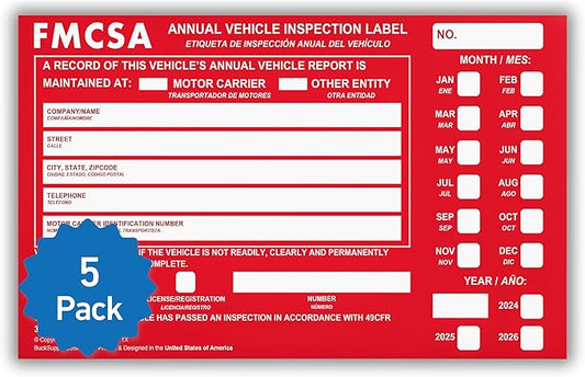 5 Pack Buck Aluminum Annual Vehicle Inspection Label with Punch Boxes, 2 Mil Red FMCSA Self Adhesive Sticker, DOT Compliant, Weatherproof, Tear Resistant, Easy to Write On, 6" x 3.5" - Made in USA-VerdiqueGarden