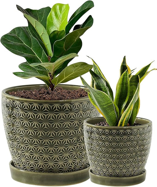 Plant Pots, Flower Pots, Planters for Indoor Plants(6.5+5.5inch), Flower Pots for Indoor Plants with Drainage Hole and Saucer, Ceramic Pots for Plants with Hole Mesh Pad,Reactive Glaze Green-VerdiqueGarden