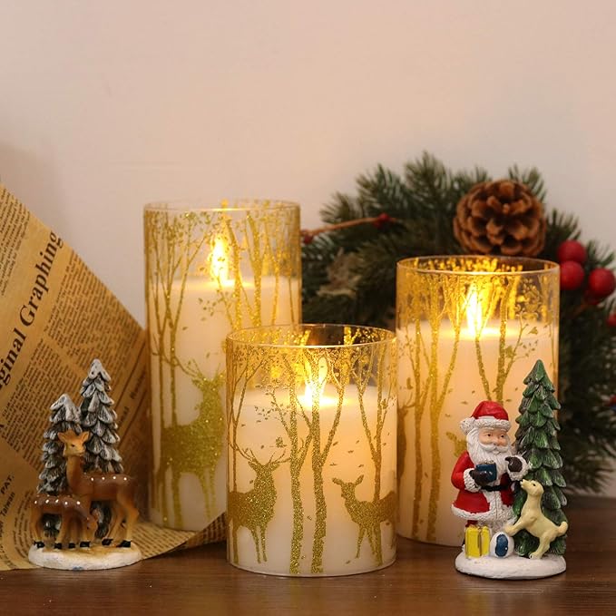 Christmas Deer Flameless Candles with Remote Timer, Glass Battery Operated Pillar Candles with Gold Elk Decor, LED Flickering Candles with 3D Wick and Real Wax for Winter Christmas Home Decor-VerdiqueGarden