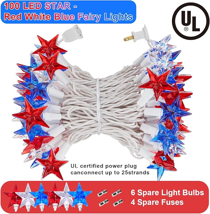 100 LED Red White and Blue Star Lights, 37FT 4th of July Star String Lights Plug in for Home Patio Garden Yard Memorial Day Independence Day Patriotic Decorations Outdoor, White Wire-VerdiqueGarden