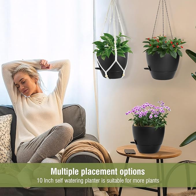 10 inch Self Watering Hanging Planters, 2 Pack Hanging Baskets for Indoor Outdoor Plants, Hanging Flower Pots with Drainage Holes & 2 Kinds of Plant Hangers for Garden Home Decor, Black-VerdiqueGarden