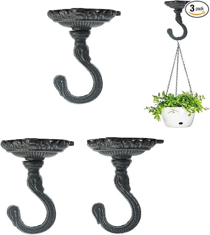 Sungmor 3PC Wall Mount Ceiling Hooks, Cast Iron Plant Bracket, Heavy Duty Plant Hook Hanger, Decorative Vintage Hooks for Hanging Planters, Bird Feeders, Lanterns, Wind Chimes-VerdiqueGarden